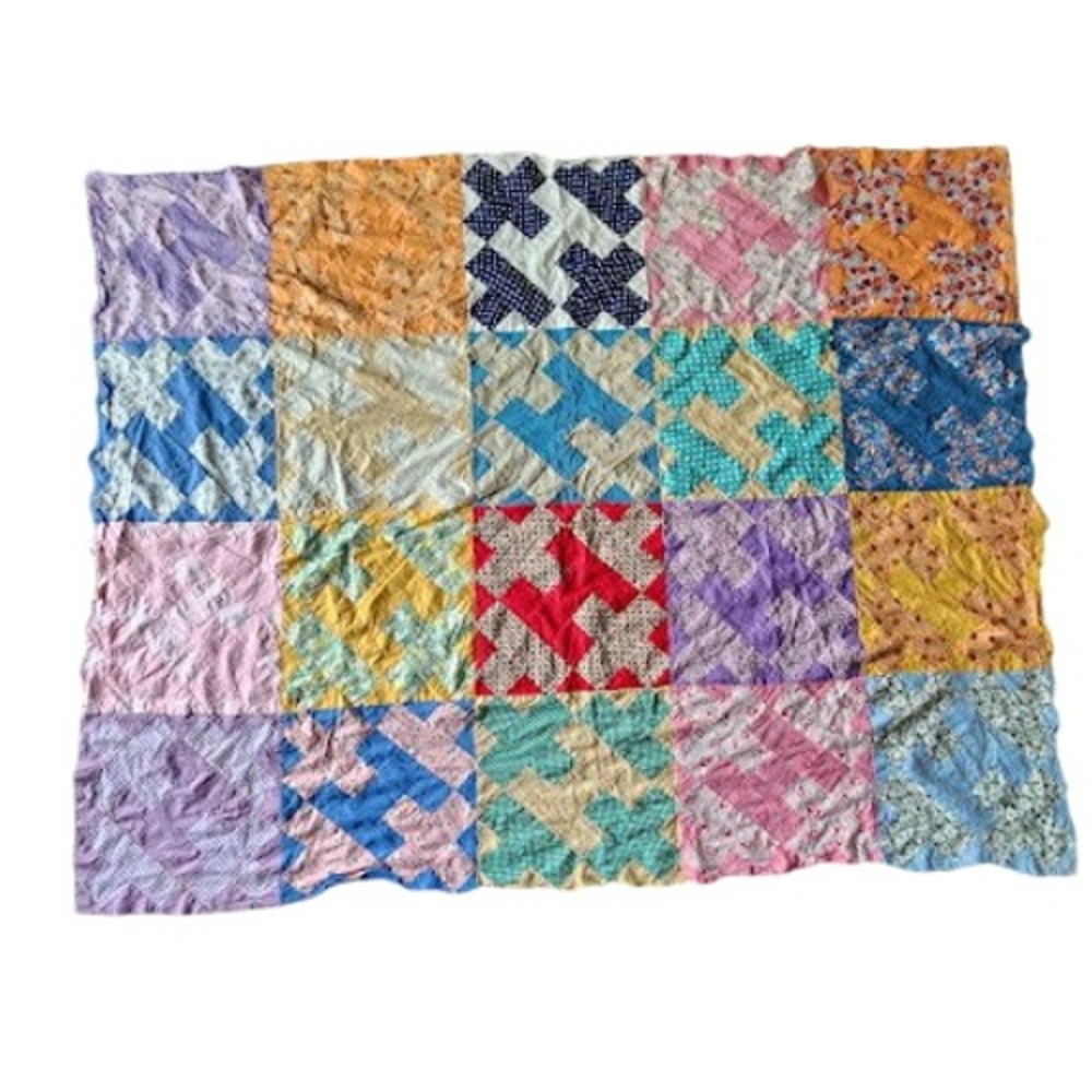 1940s Patchwork Quilt Top Only Feedsack Calico Cross Crown 55x70